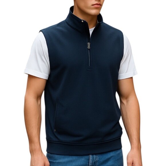 St John's  Bay Men's Stretch Pullover Quarter Zip Navy Vest Size Medium NWT - Picture 1 of 8